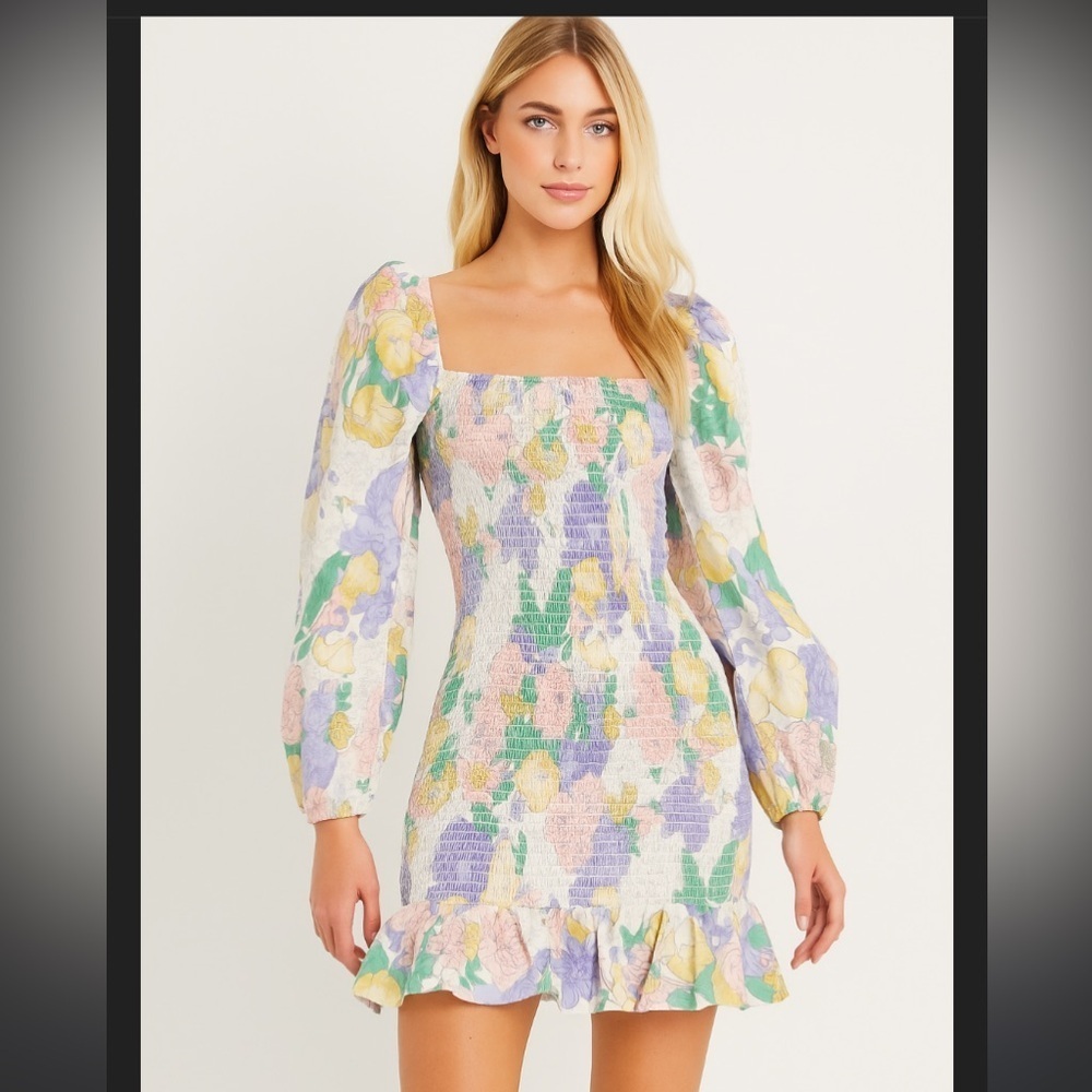 70/21 saks fifth floral nwt dress classic  long sleeve $220 formal ruched fall